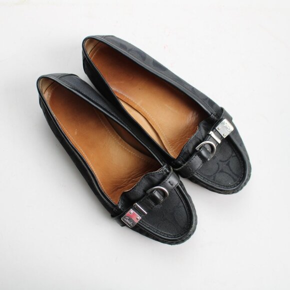Coach Women's Flores Black Signature Logo Canvas Leather Flats Size 8.5 - Picture 3 of 8